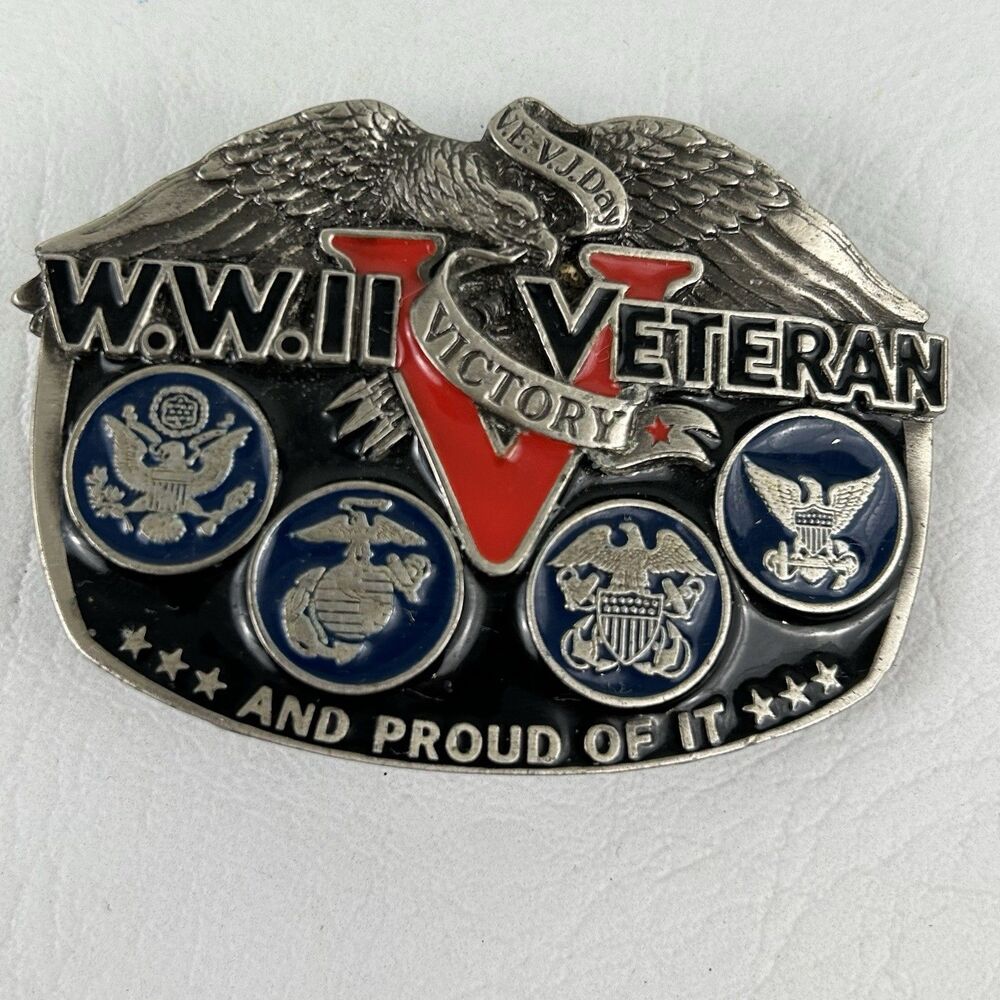Vintage WWII Veteran Proud Of It Belt Buckle USA Military Great American 1988